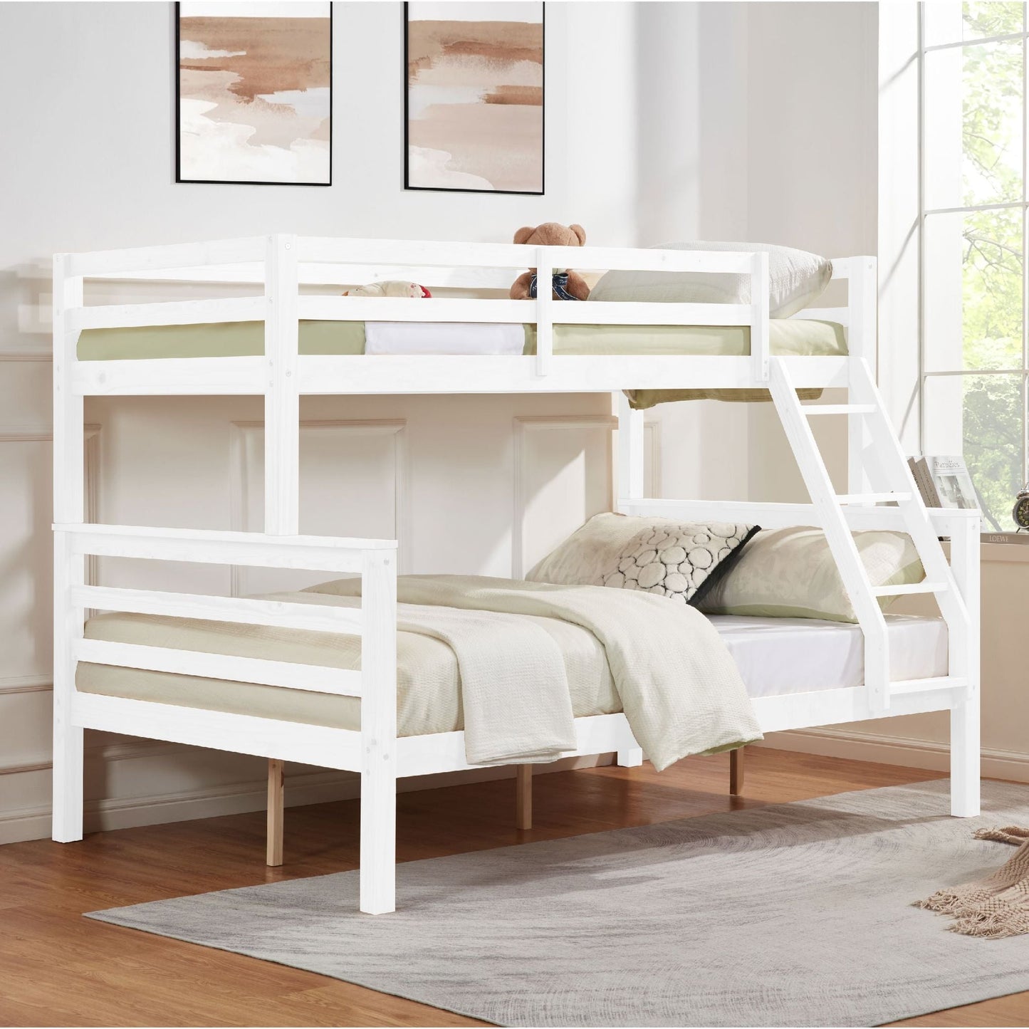 Kids Bedroom Twin Over Full Wood Bunk Bed with Thick Posts, High Guardrail, Ladder, White | Just Better Bunk Beds