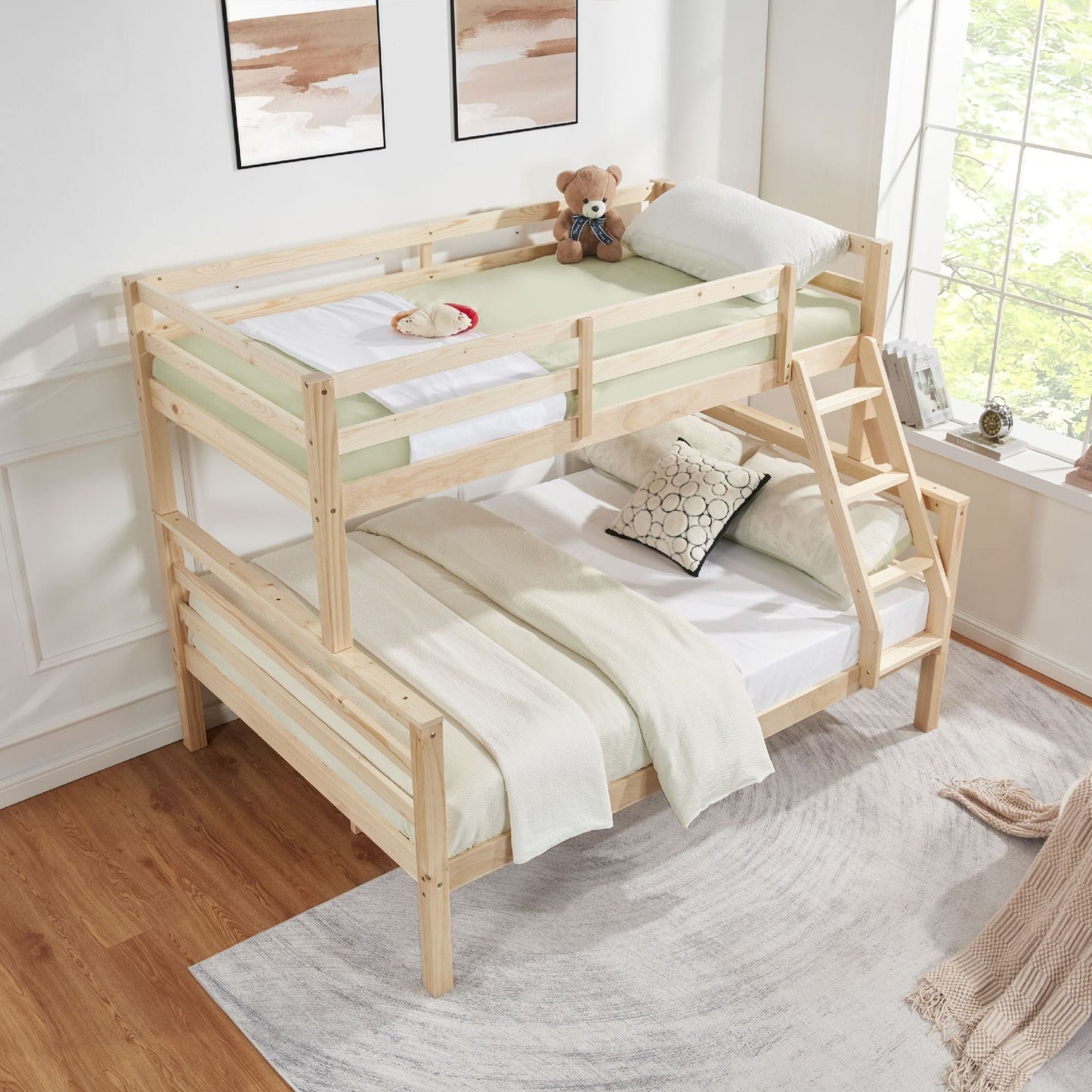 Durable Twin Over Full Wood Bunk Bed with Thick Posts, High Guardrail, Ladder, Natural | Just Better Bunk Beds