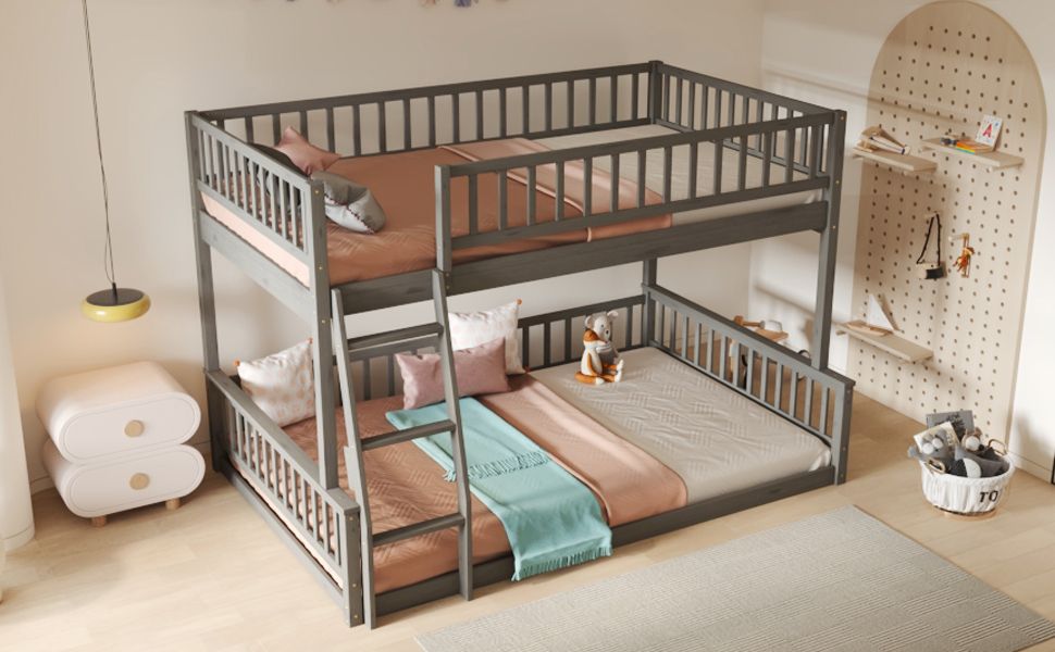 Space-Saving Full XL Over Queen Wood Bunk Bed with Ladder and Guardrails, Gray | Just Better Bunk Beds