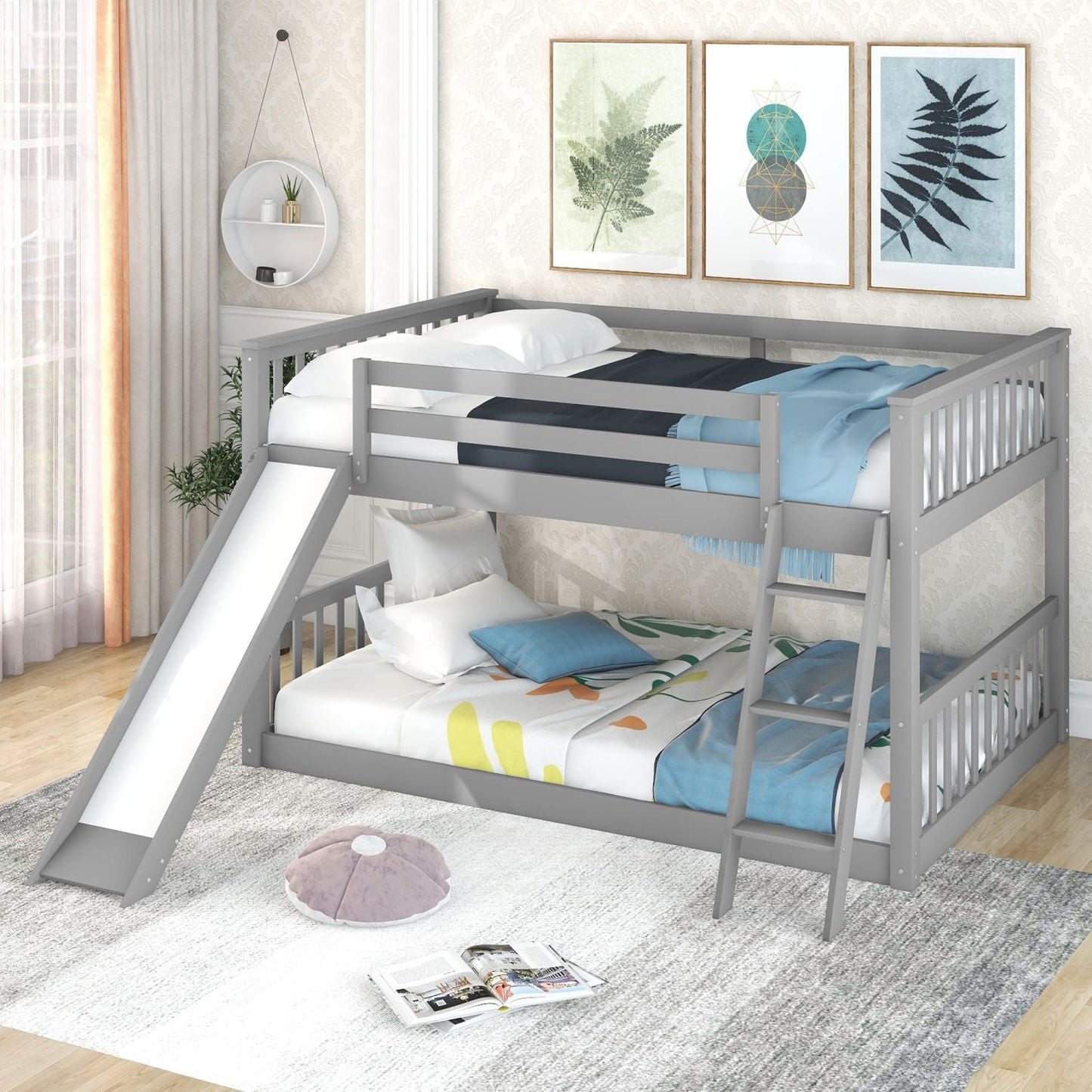 Fun Convertible Slide Full Over Full Wood Bunk Bed, Gray | Just Better Bunk Beds