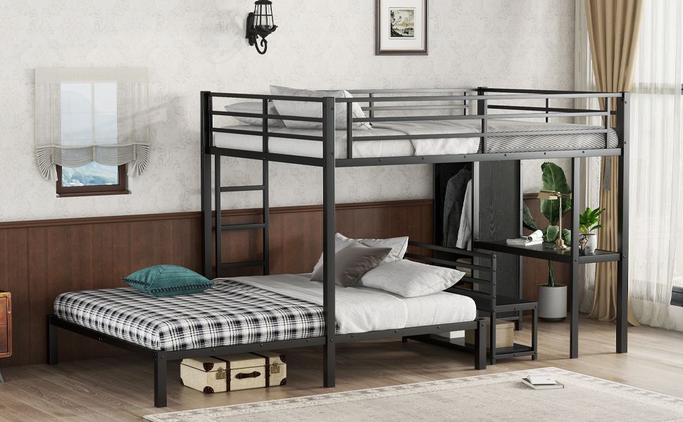 Shared Room Solution Queen Over Queen Metal Bunk Bed with Built-in Wardrobe, Desk, and Storage Chairs, Black | Just Better Bunk Beds