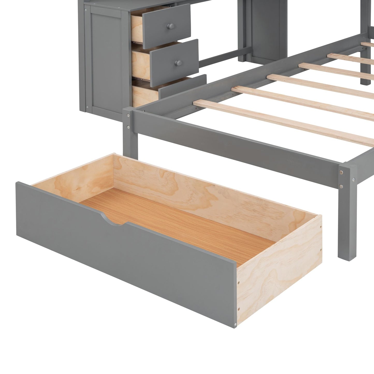 Shared Room Solution Full Over Twin Wood Bunk Bed with Desk, Drawers and Shelves, Gray | Just Better Bunk Beds
