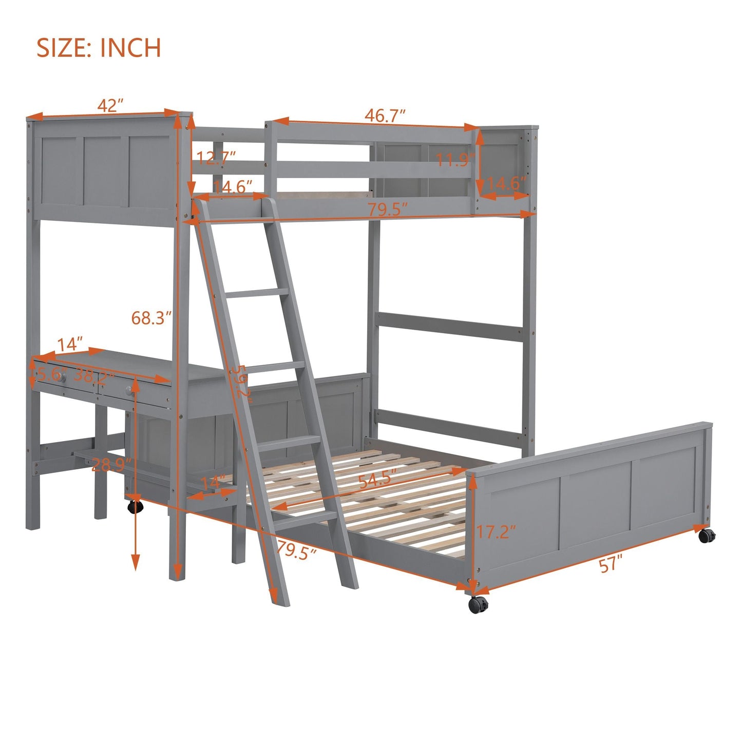 Twin Over Full Bunk Bed with Desk,  Gray