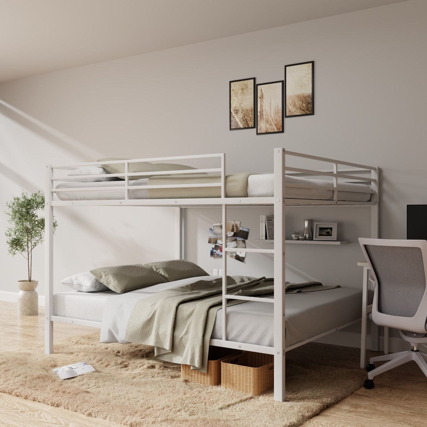 Heavy-Duty Full Over Full Metal Bunk Bed with Built-In Ladder and Safety Guard Rail, White | Just Better Bunk Beds