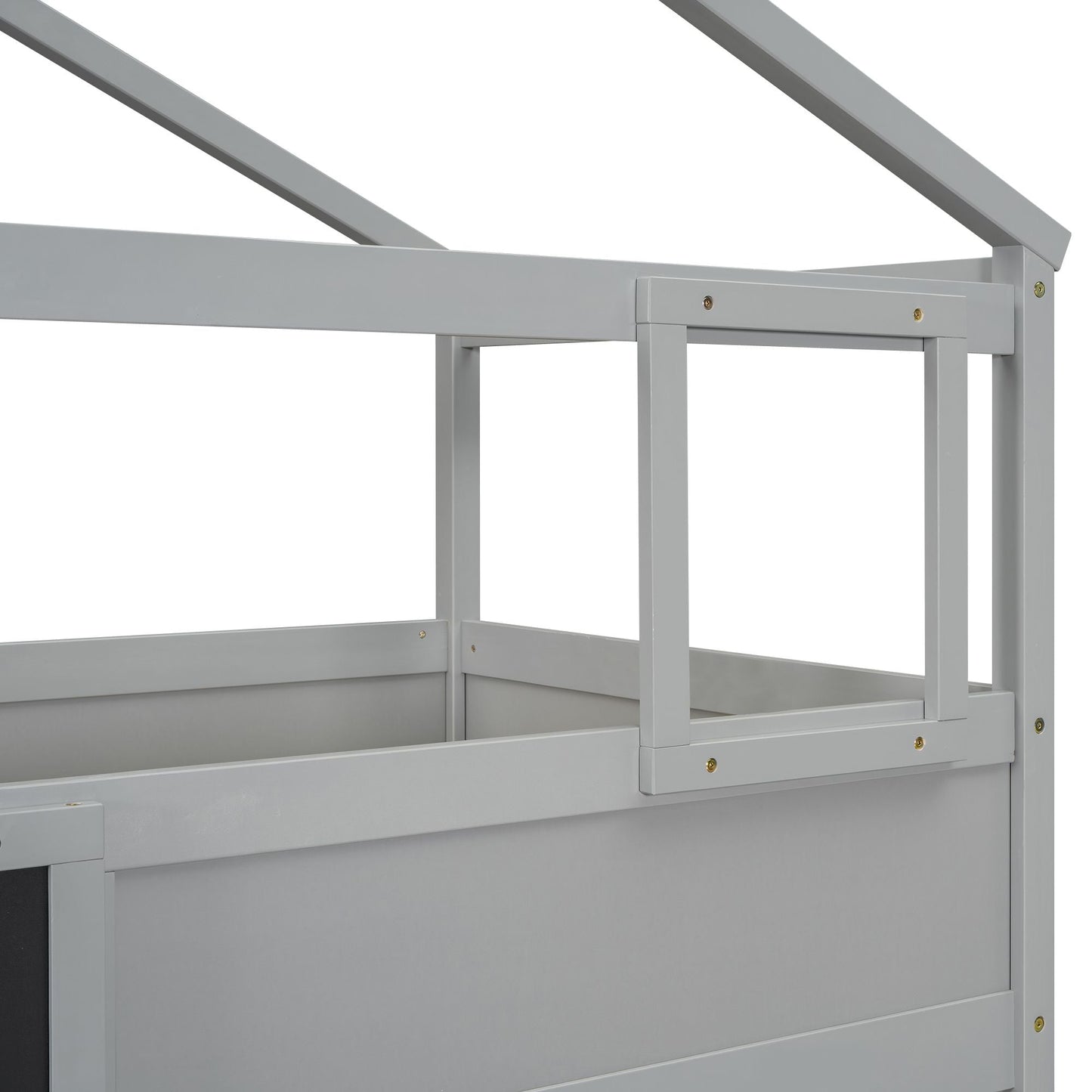 Staircase Storage Twin Over Full Wood House Bunk Bed with Blackboard, Gray and White | Just Better Bunk Beds