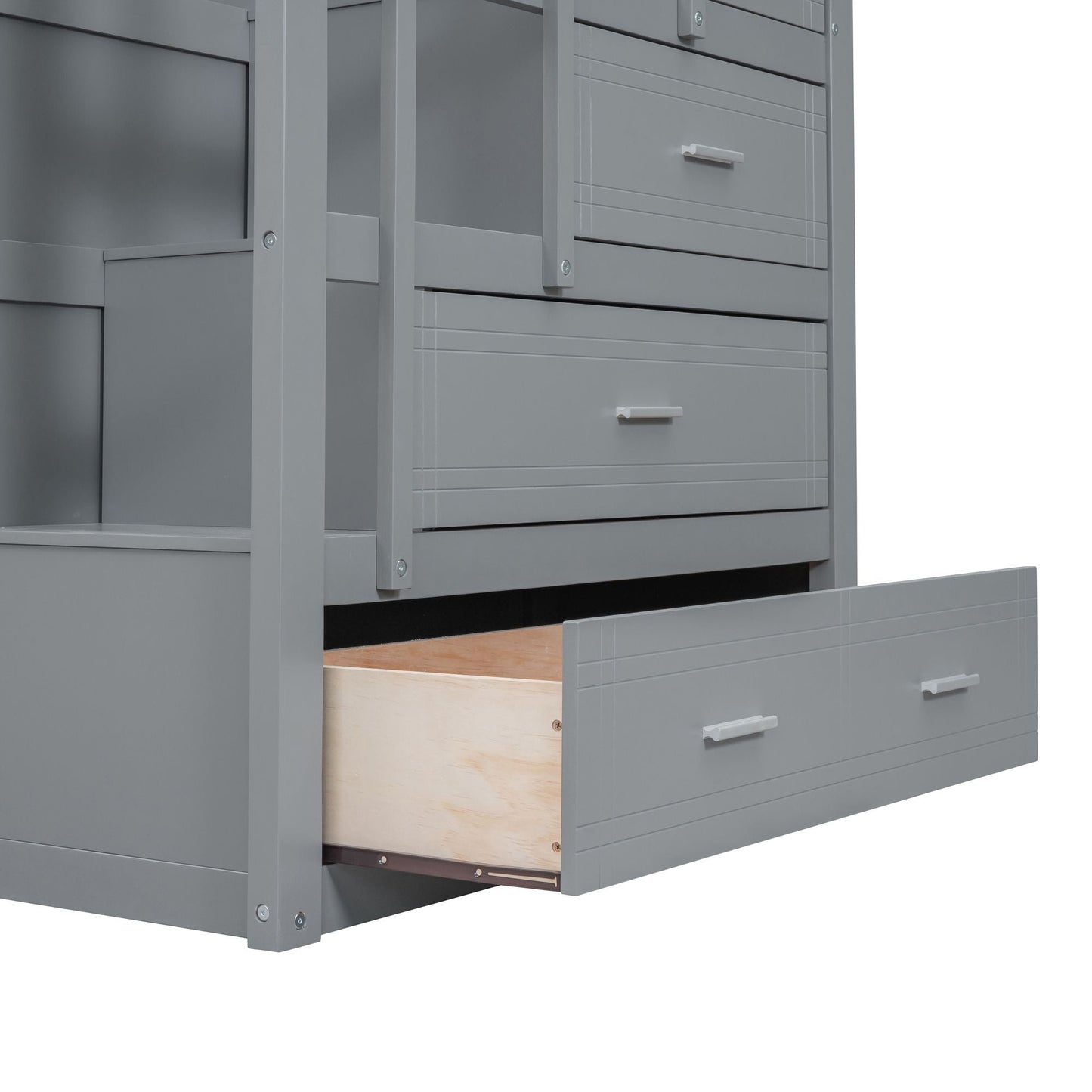 Shared Room Solution Twin Over Twin Wood Bunk Bed with Trundle and Staircase, Gray | Just Better Bunk Beds
