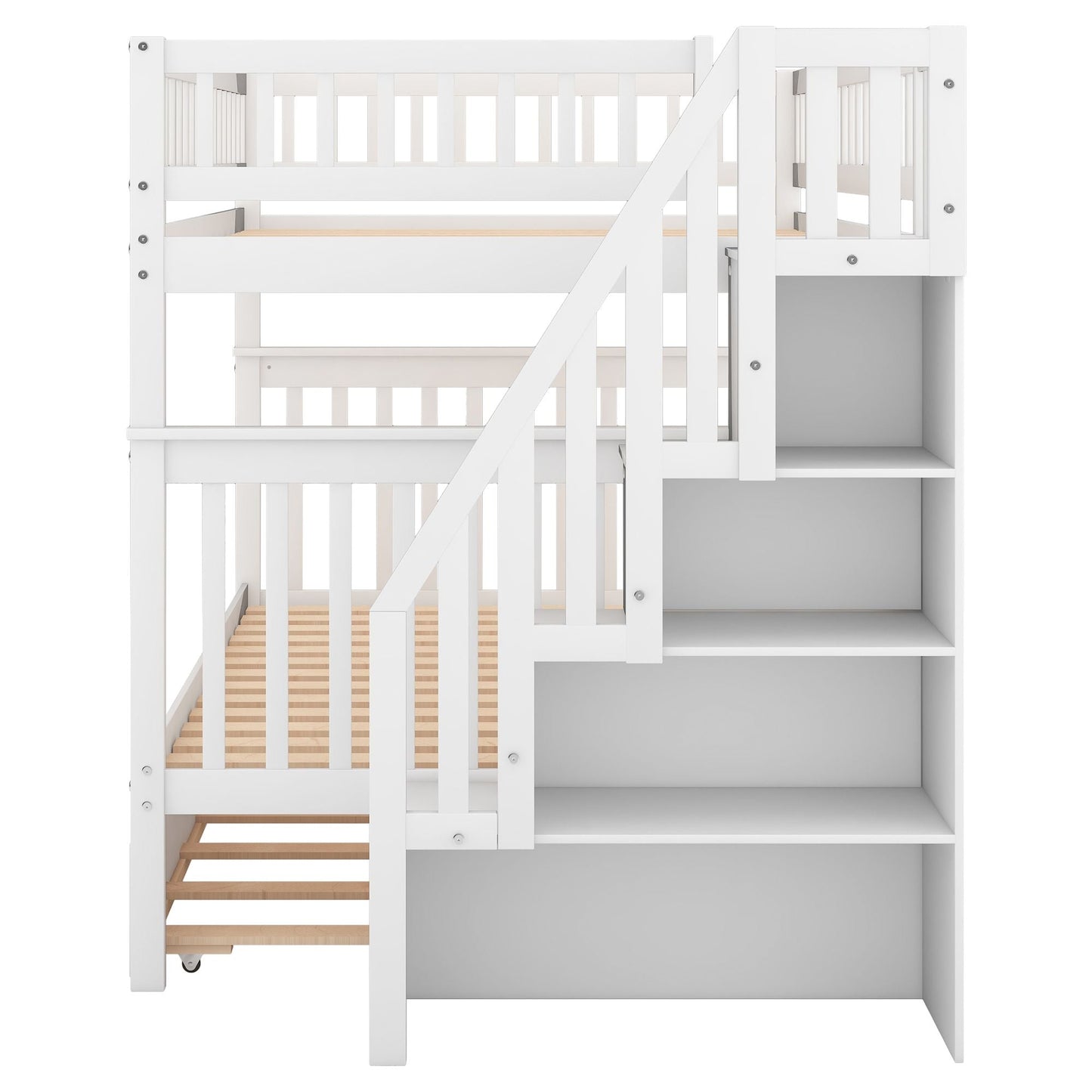 Space-Saving Full Over Full Wood Bunk Bed with Trundle and Staircase, Gray and White | Just Better Bunk Beds