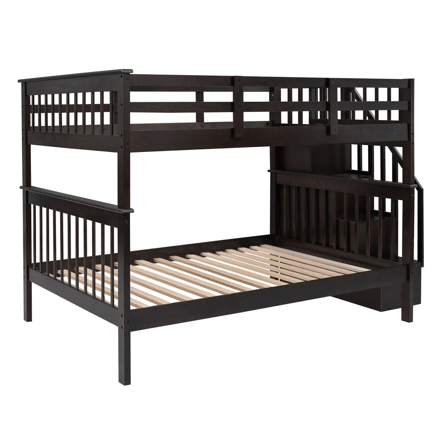 Staircase Storage Full Over Full Wood Bunk Bed with Storage and Guard Rail, Espresso | Just Better Bunk Beds