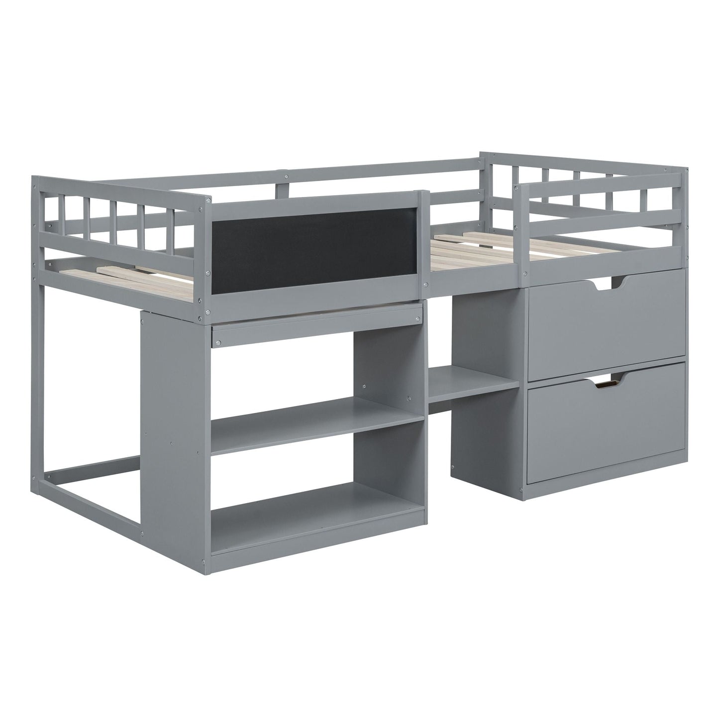 Space-Saving Twin Low Loft Wood Bed with Rolling Desk, Shelf, Drawers, White | Just Better Bunk Beds