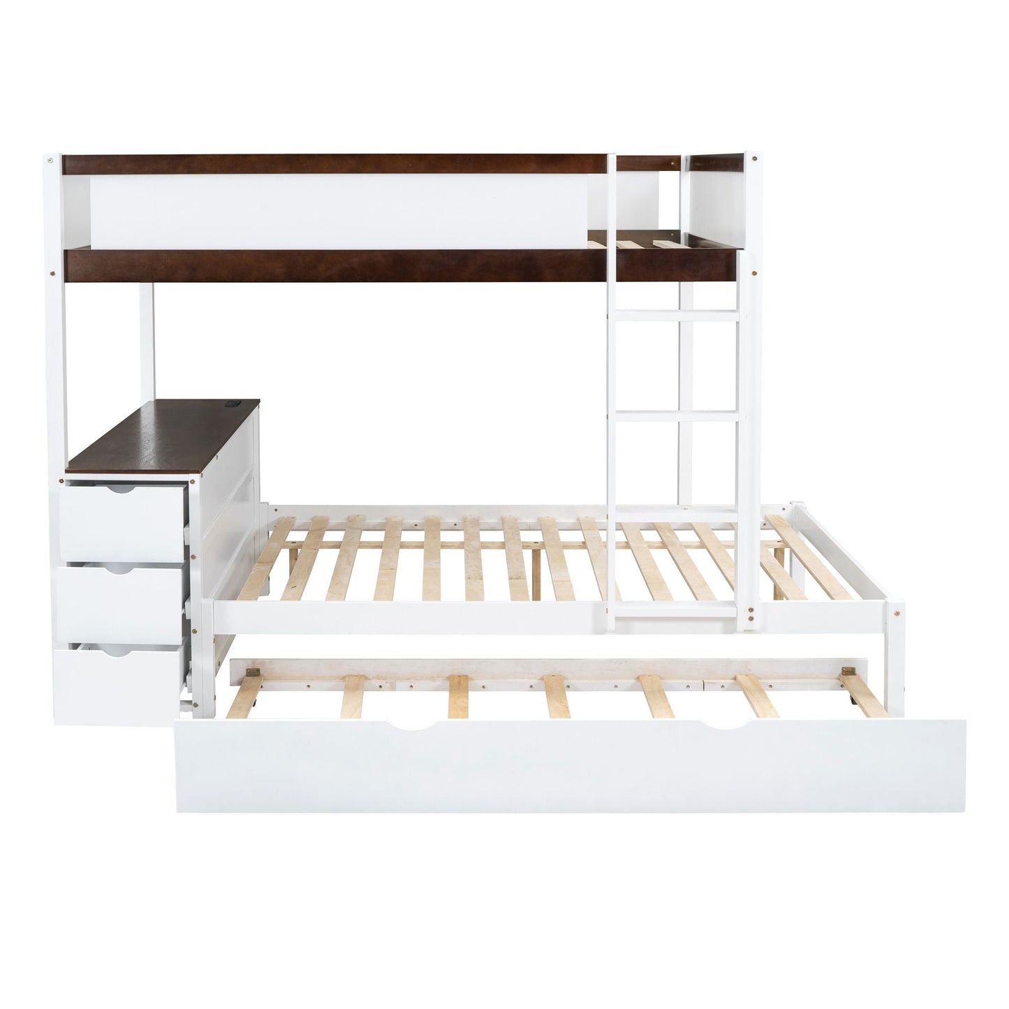 Shared Room Solution Full Over Full Wood Bunk Bed with Twin Trundle, Storage, Desk, White Walnut | Just Better Bunk Beds