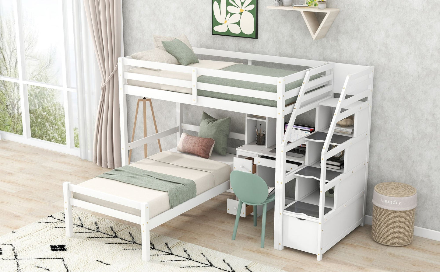 Space-Saving Twin Wood Loft Bed with Stand-Alone Bed, Storage Staircase, Desk, Shelves and Drawers, White | Just Better Bunk Beds