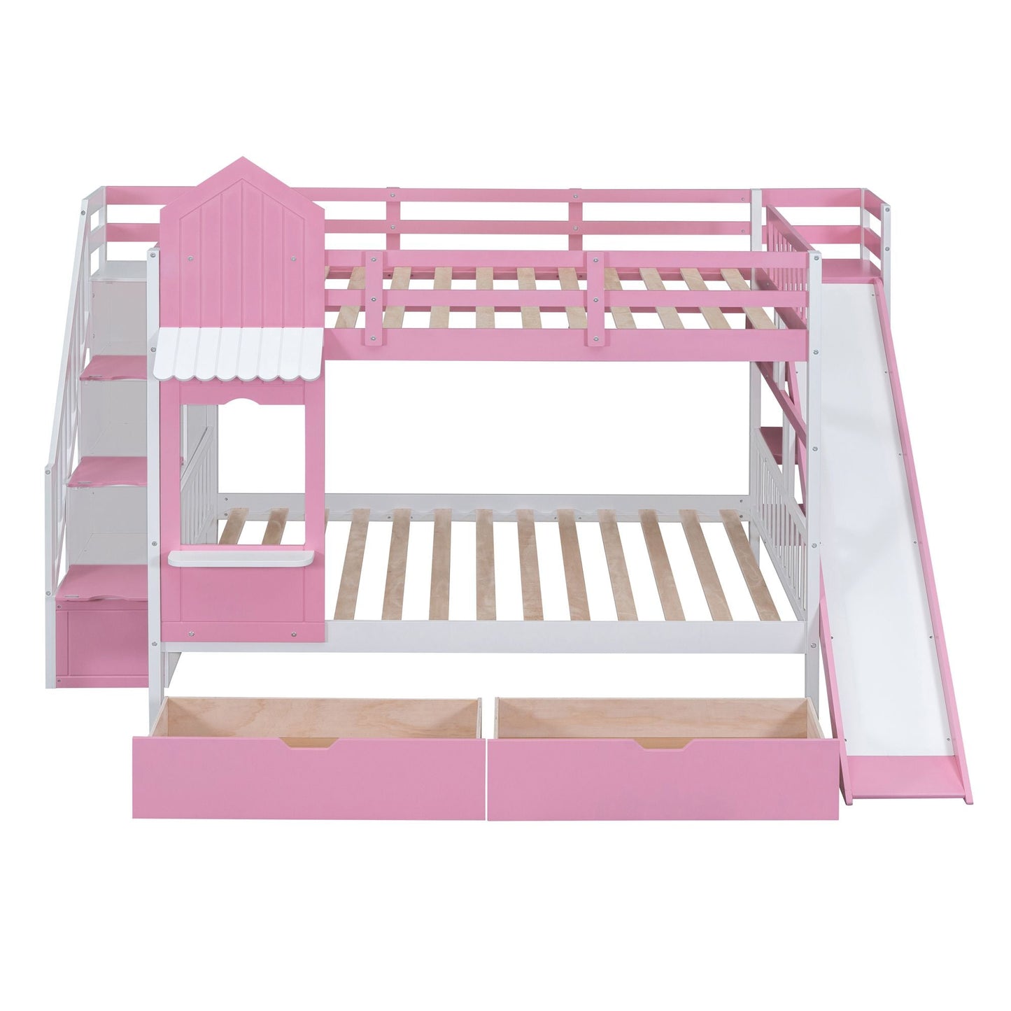 House-Style Full Over Full Wood Castle Bunk Bed with Drawers, Shelves, and Slide, Pink | Just Better Bunk Beds