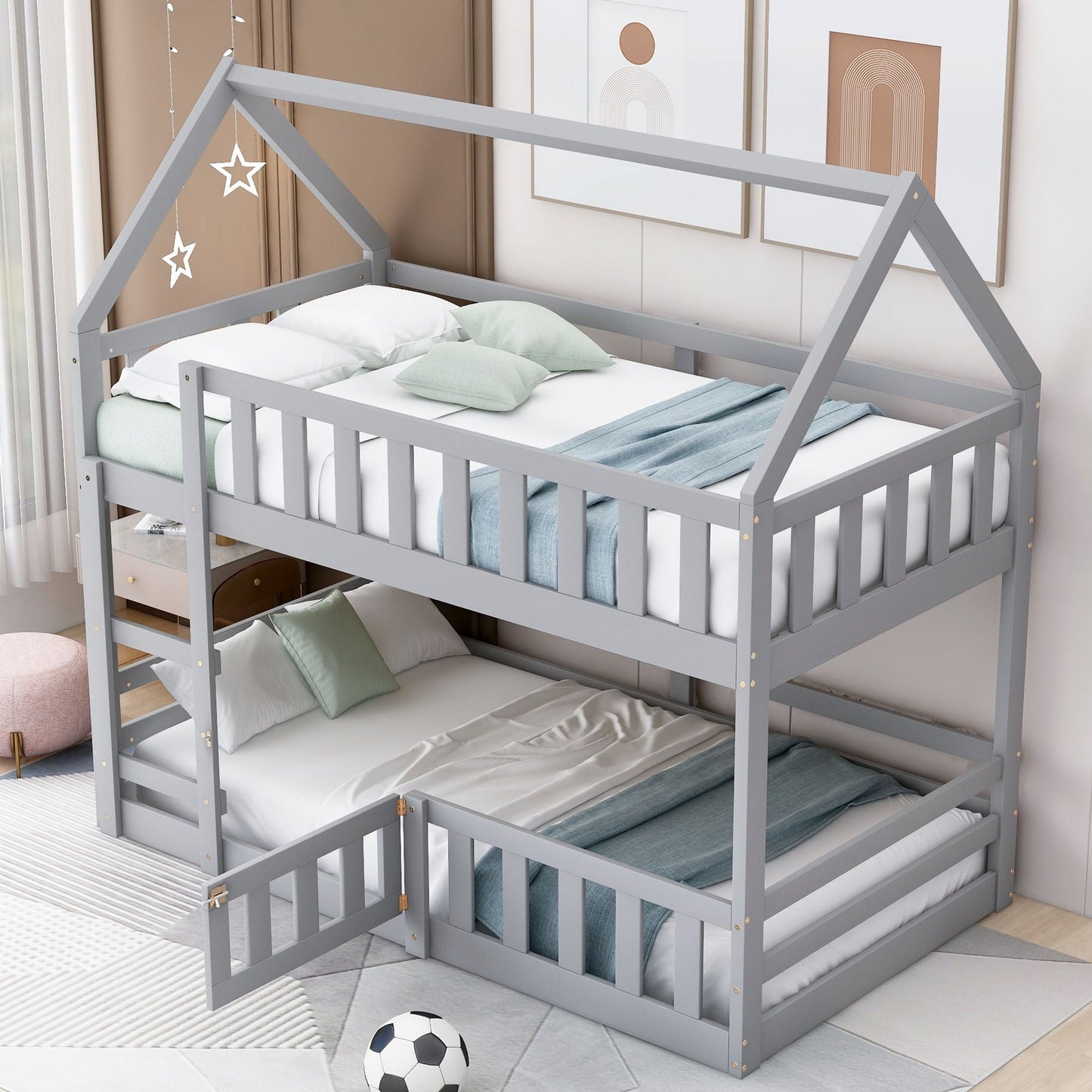 Kids Bedroom Twin Over Twin Wood House Bunk Bed with Fence and Door, Gray | Just Better Bunk Beds