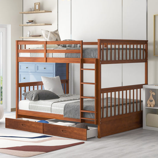 Shared Room Solution Full Over Full Wood Bunk Bed with Ladders and Storage Drawers, Walnut | Just Better Bunk Beds