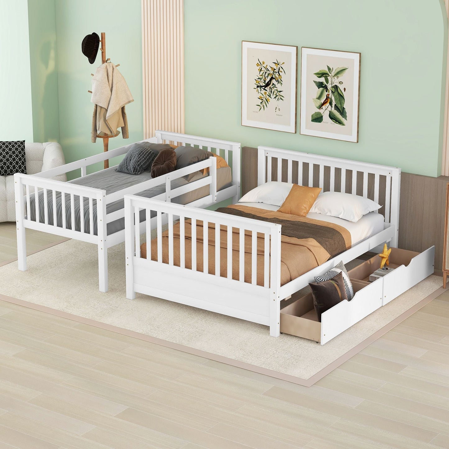 Heavy-Duty Twin Over Full Wood Bunk Bed with Ladders and Two Storage Drawers, White | Just Better Bunk Beds