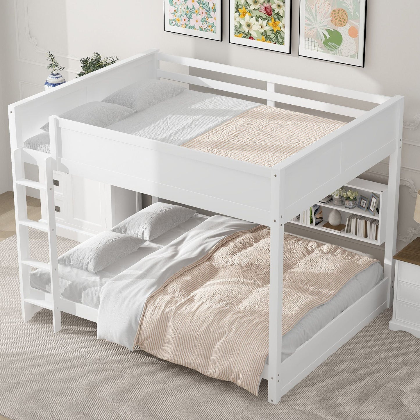 Shared Room Solution Queen Over Queen Wood Bunk Bed with Storage and USB Ports, White | Just Better Bunk Beds