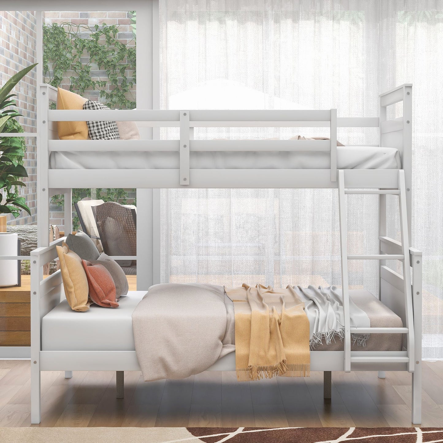Kids Bedroom Twin Over Full Wood Bunk Bed with Ladder and Safety Guardrail, Gray | Just Better Bunk Beds