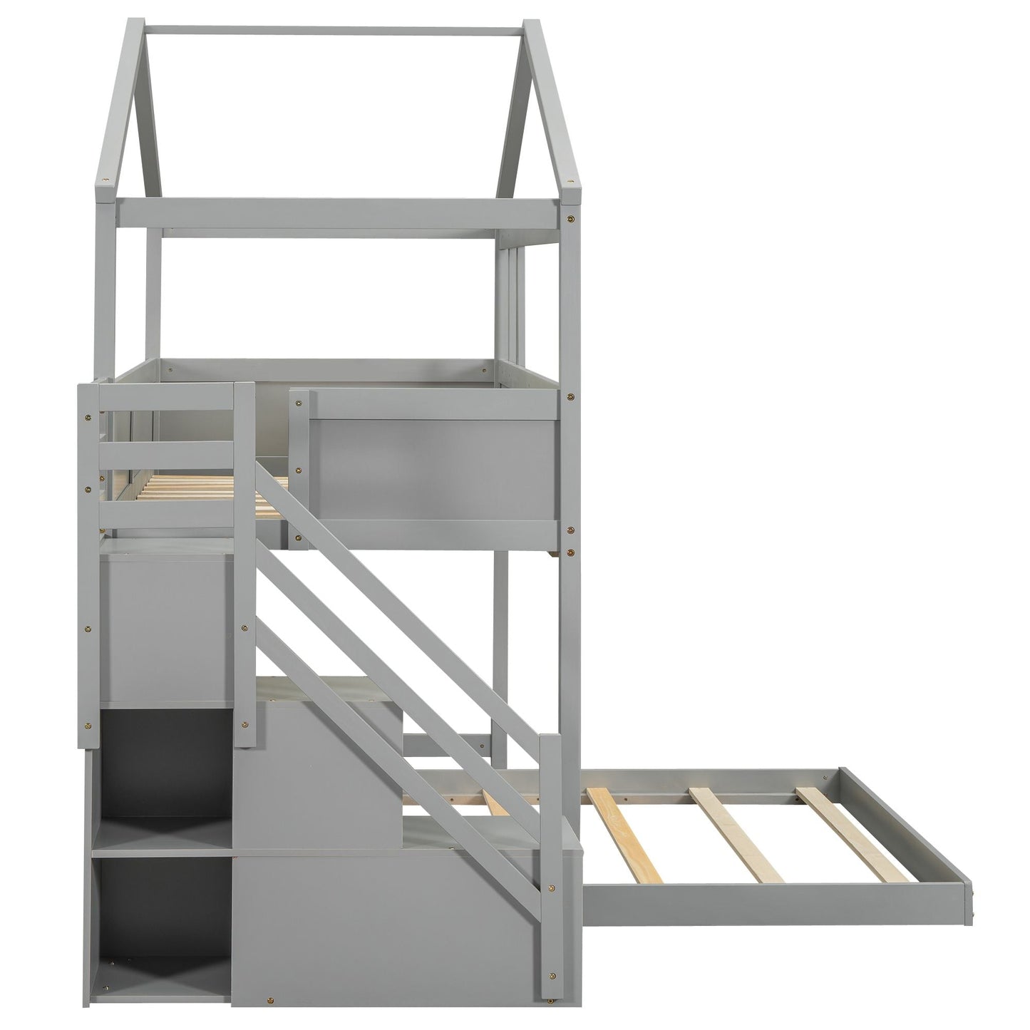 Staircase Storage Twin Over Full Wood House Bunk Bed with Blackboard, Gray and White | Just Better Bunk Beds