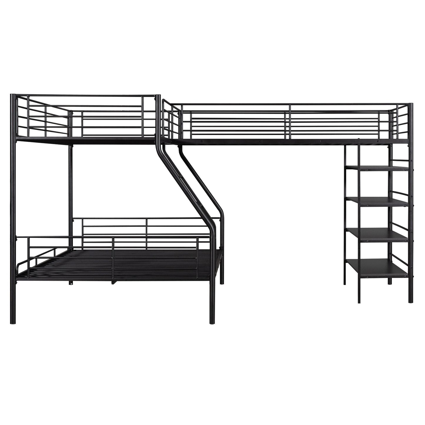 L-Shaped Twin Over Full Metal Bunk Bed with Twin Loft, Black with Four Built-In Shelves | Just Better Bunk Beds