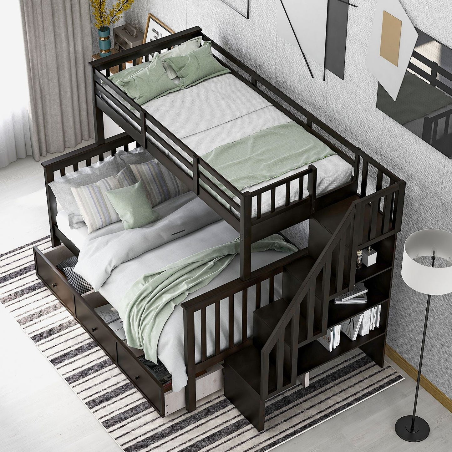 Staircase Storage Twin Over Full Wood Bunk Bed with Drawer, Storage, and Guard Rail, Espresso | Just Better Bunk Beds