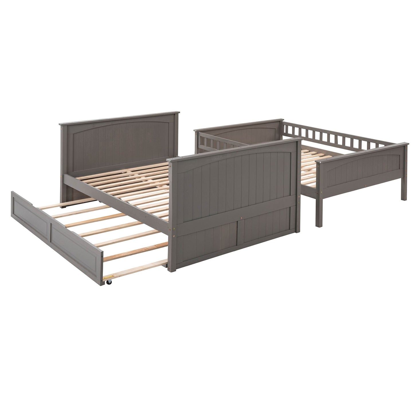 Shared Room Solution Full Over Full Pine Wood Bunk Bed with Twin Trundle and Guardrails, Brushed Gray | Just Better Bunk Beds