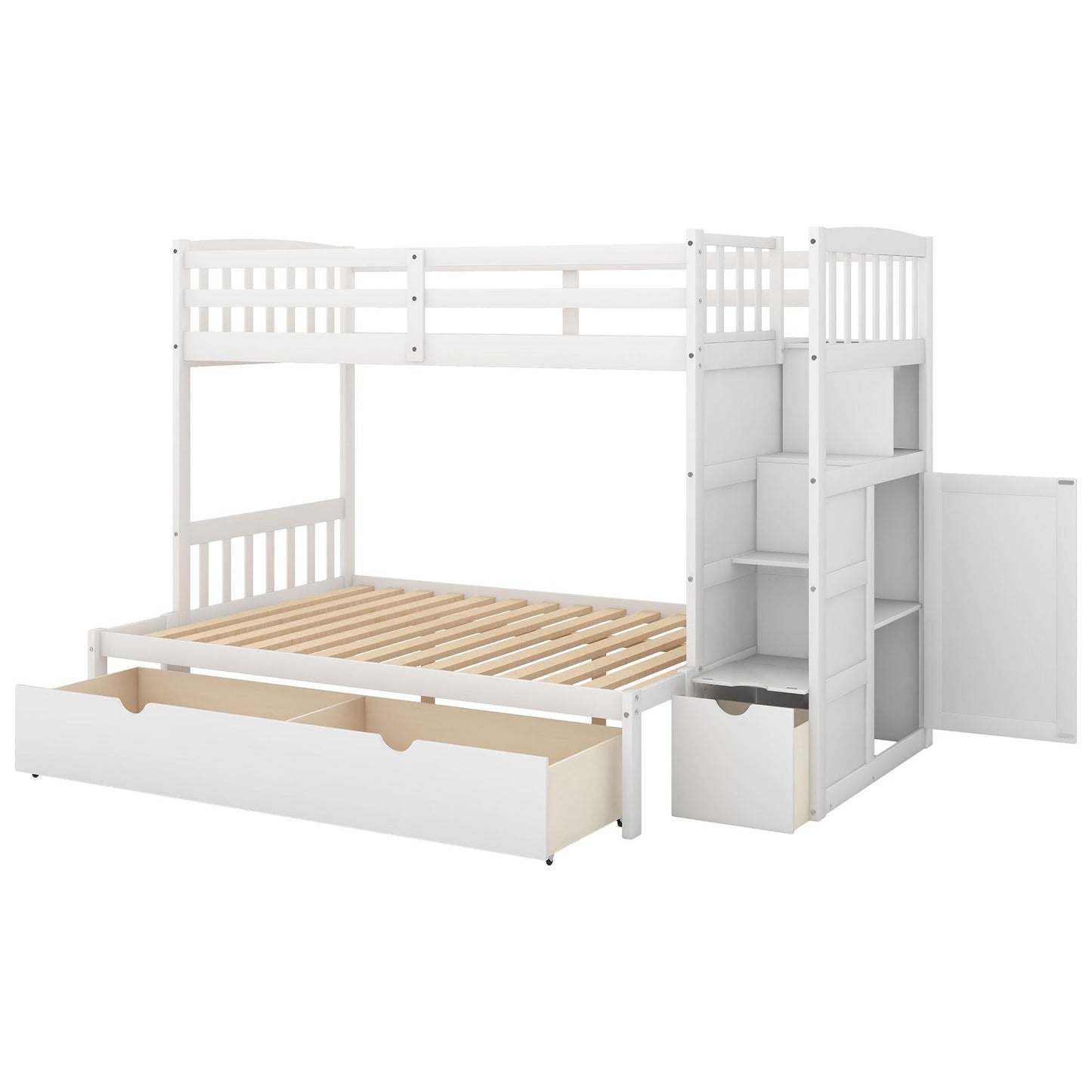 Convertible Twin Over Full Wood Bunk Bed with Storage Shelves and Drawers, White | Just Better Bunk Beds