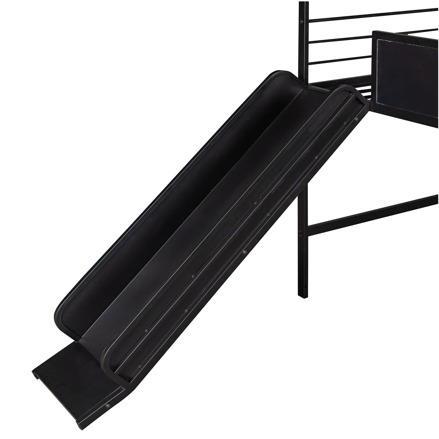 Metal House Bed With Slide,  Twin Size Metal Loft Bed with Two-sided writable Wooden Board (Black )