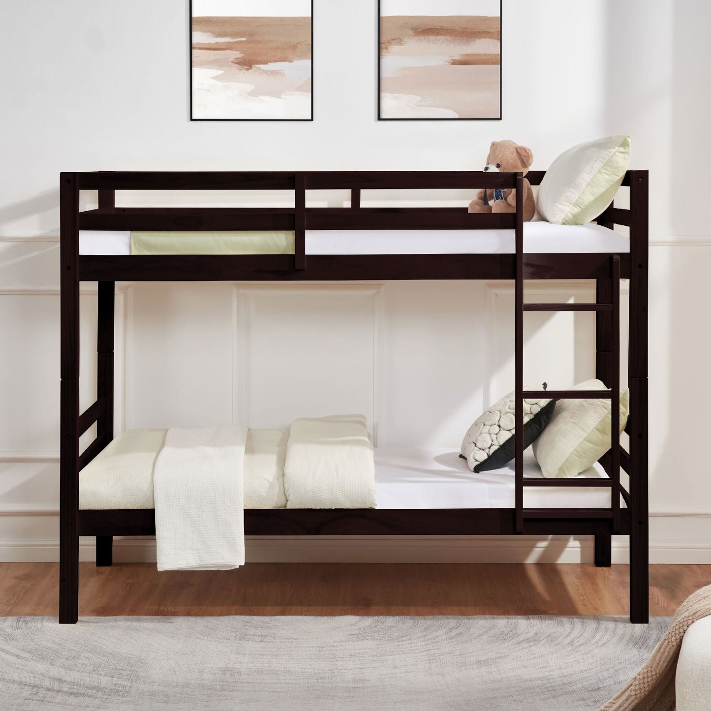 Heavy-Duty Twin Over Twin Wood Bunk Bed, Espresso with Thick Posts, Ladder, and High Guardrail | Just Better Bunk Beds