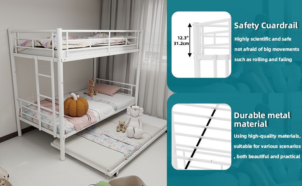 Heavy-duty Sturdy Meta Twin over Twin Bunk Bed/l/ Noise Reduced/ Safety Guardrail/No Box Spring Needed, White