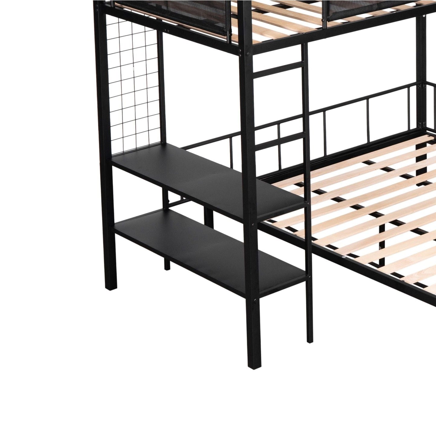 Heavy-Duty Twin Over Full Metal and Wood Bunk Bed with Shelves, Grid Panel, and Noise-Free Wood Slats, Black | Just Better Bunk Beds