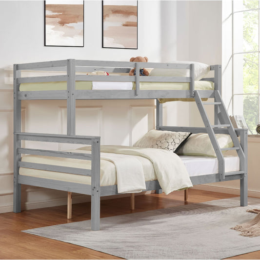 Durable Twin Over Full Wood Bunk Bed with Thick Posts, High Guardrail, Ladder, Gray | Just Better Bunk Beds