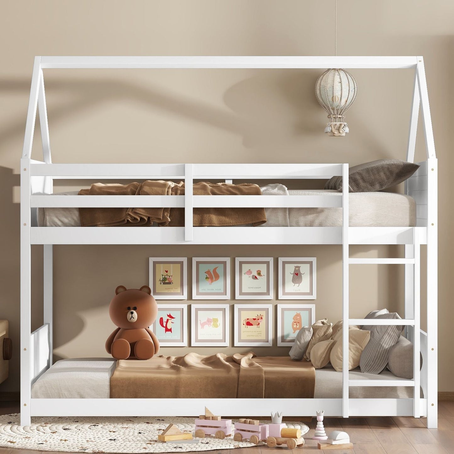 Twin Over Twin House Floor Bunk Bed with Headboards,  Footboards and Guardrails,  Ladder,  Rubber Wood Bunk Bed with Safety Guardrails, White