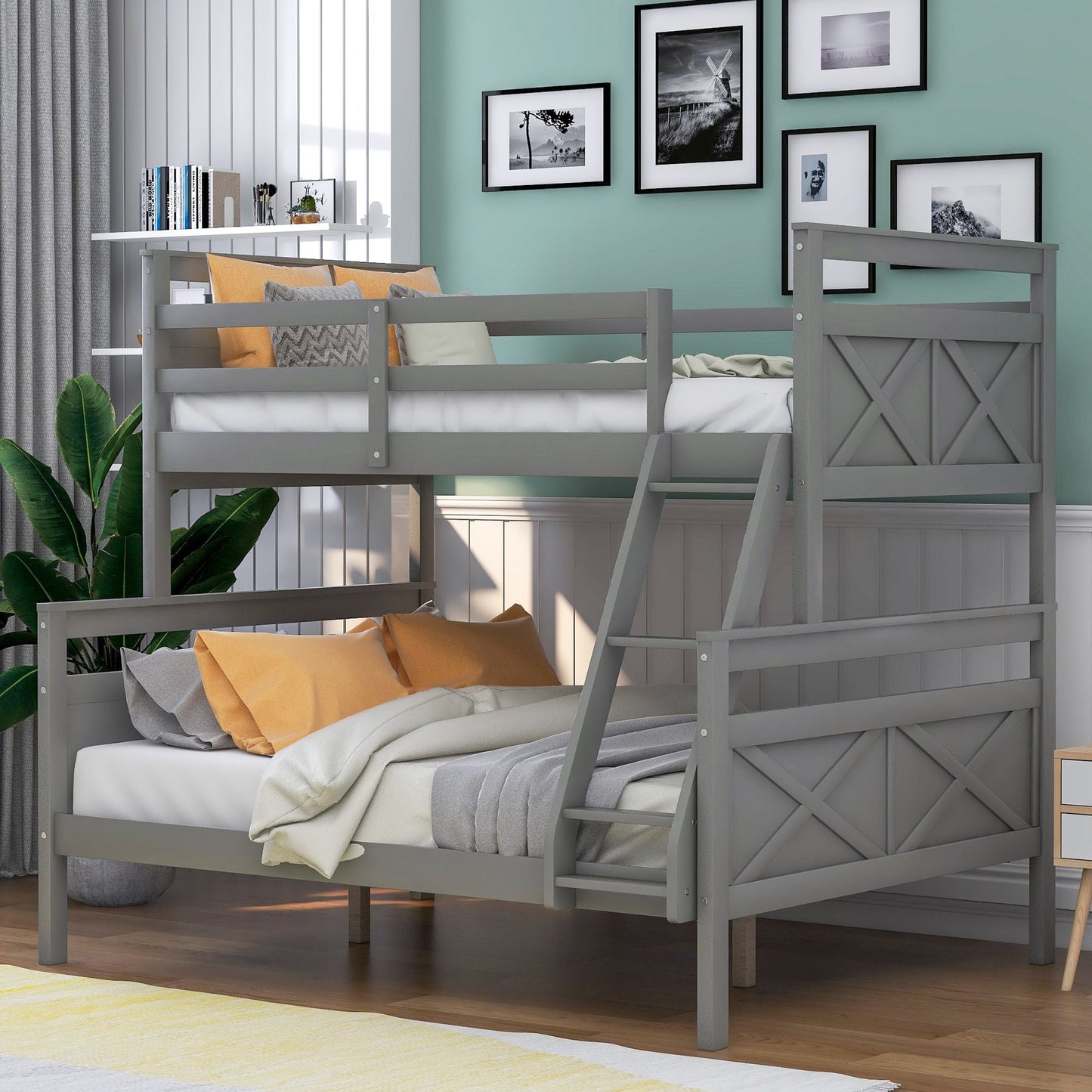 Twin over Full Bunk Bed with ladder,  Safety Guardrail,  Perfect for Bedroom,  Gray