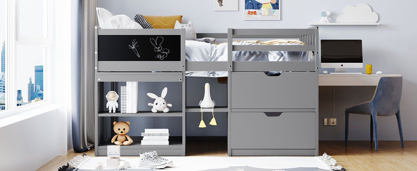 Space-Saving Twin Low Loft Wood Bed with Rolling Desk, Shelf, Drawers, White | Just Better Bunk Beds