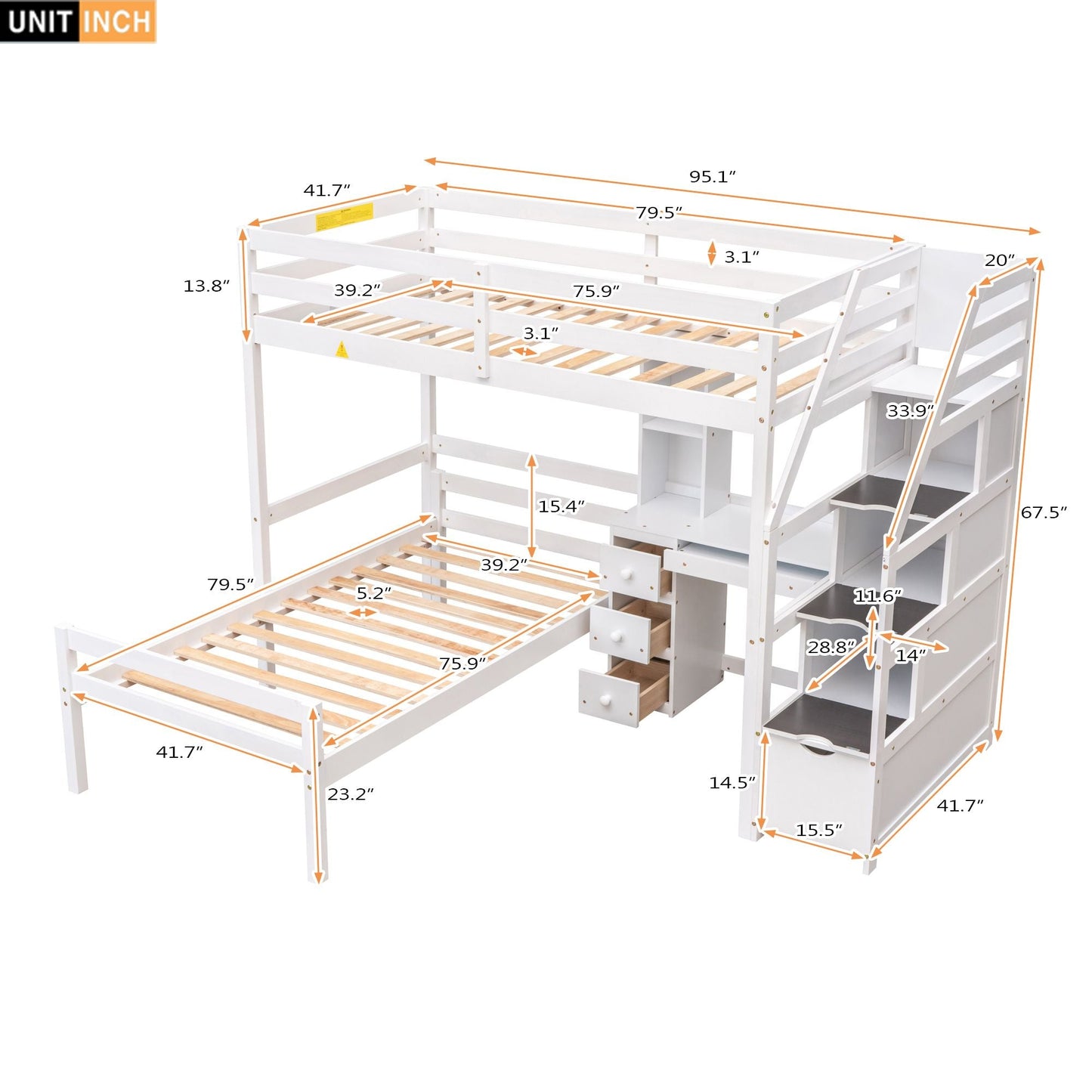 Space-Saving Twin Wood Loft Bed with Stand-Alone Bed, Storage Staircase, Desk, Shelves and Drawers, White | Just Better Bunk Beds