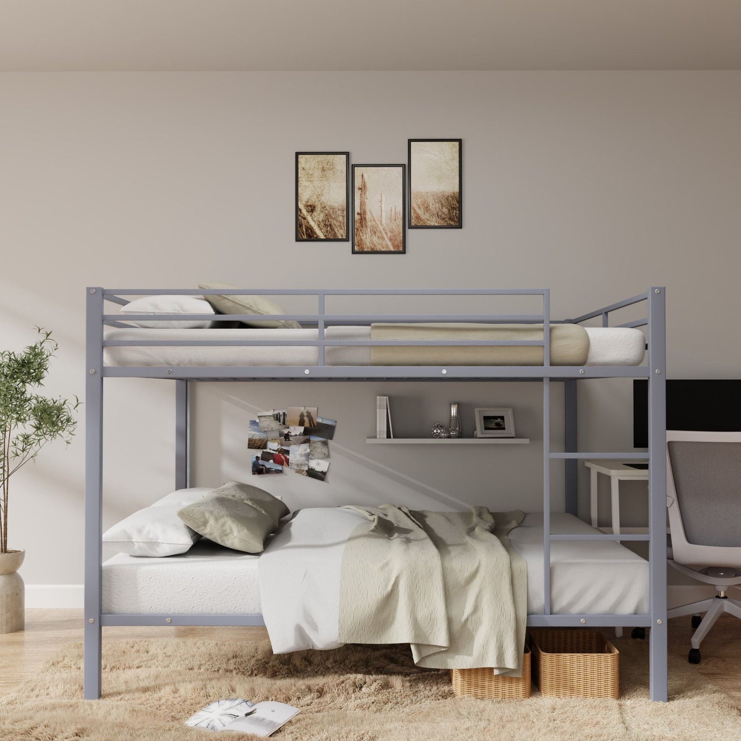 Heavy-Duty Full Over Full Metal Bunk Bed with Built-in Ladder and Safety Guard Rail, Gray | Just Better Bunk Beds
