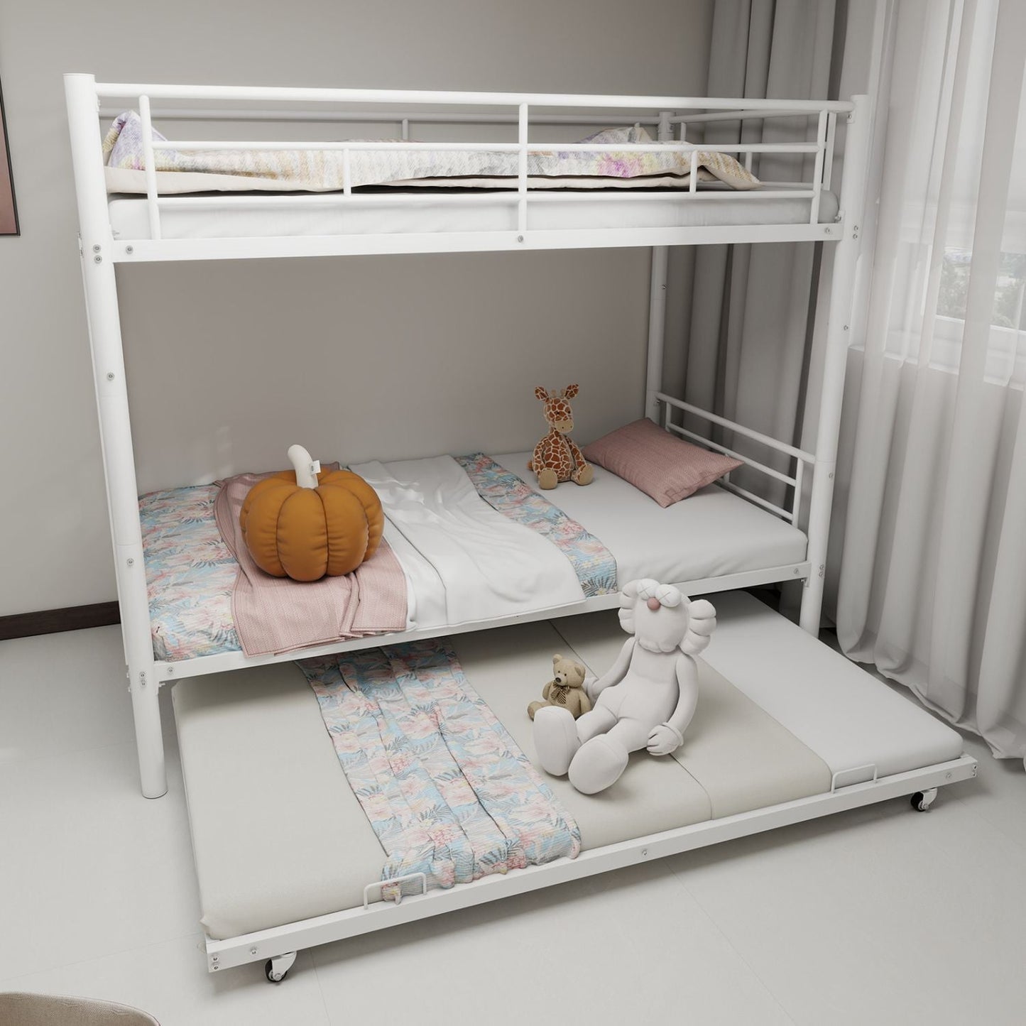 Heavy-duty Sturdy Meta Twin over Twin Bunk Bed/l/ Noise Reduced/ Safety Guardrail/No Box Spring Needed, White
