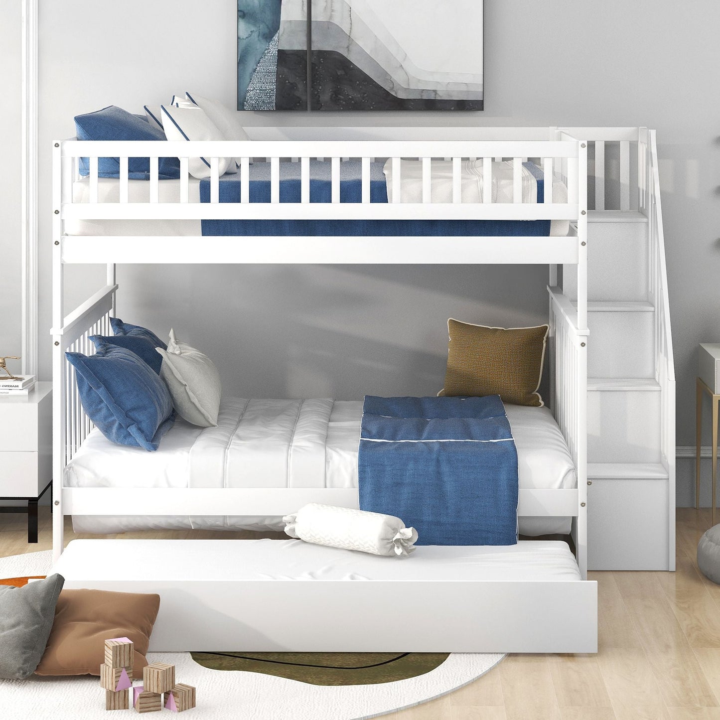 Space-Saving Full Over Full Wood Bunk Bed with Trundle and Staircase, Gray and White | Just Better Bunk Beds