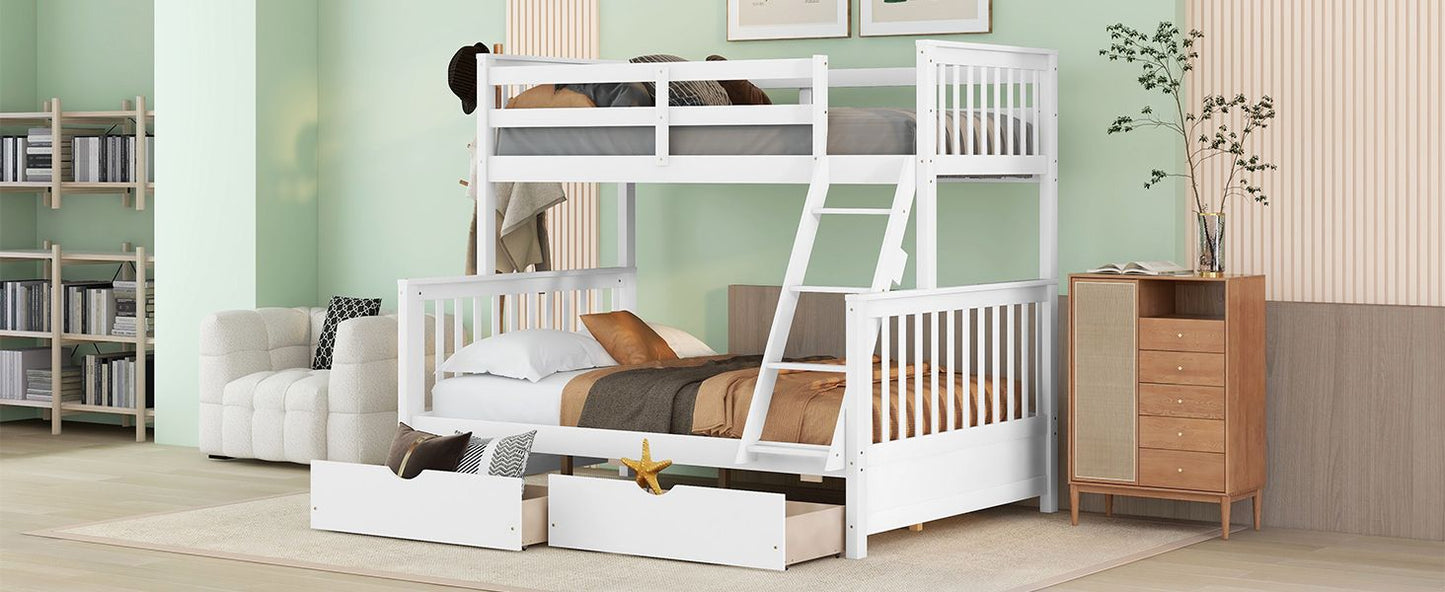 Heavy-Duty Twin Over Full Wood Bunk Bed with Ladders and Two Storage Drawers, White | Just Better Bunk Beds