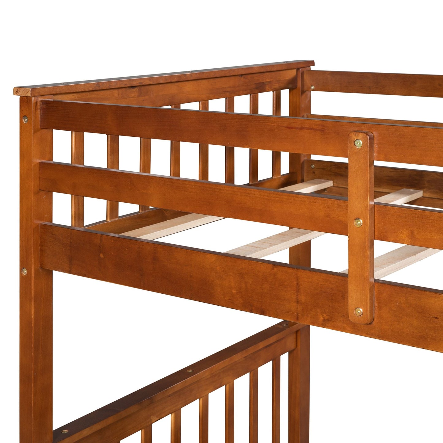 Organized Twin Over Twin Wood Bunk Bed with Ladders and Two Storage Drawers, Walnut | Just Better Bunk Beds