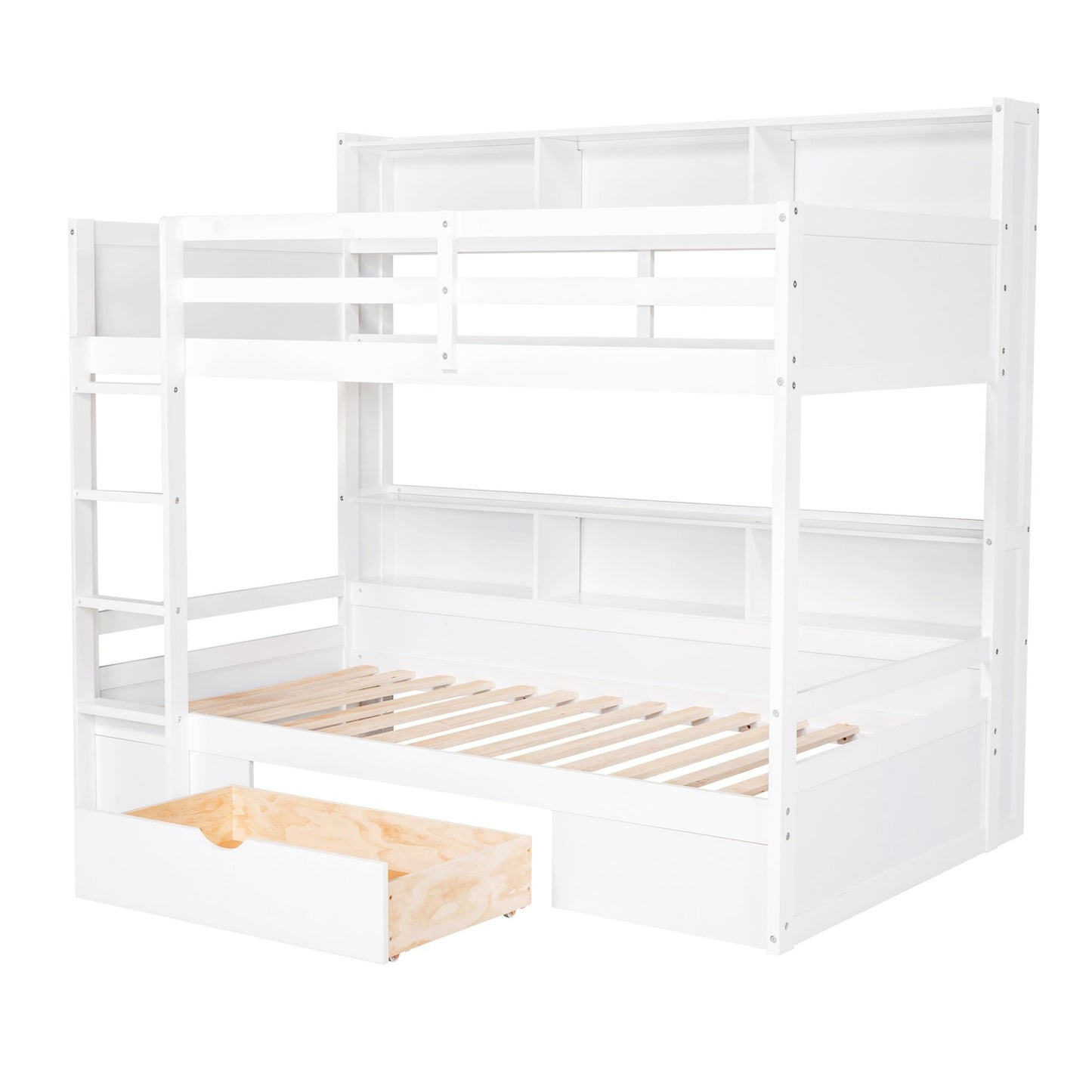 Shared Room Solution Twin Wood Bunk Bed with Built-In Shelves and Storage, White | Just Better Bunk Beds