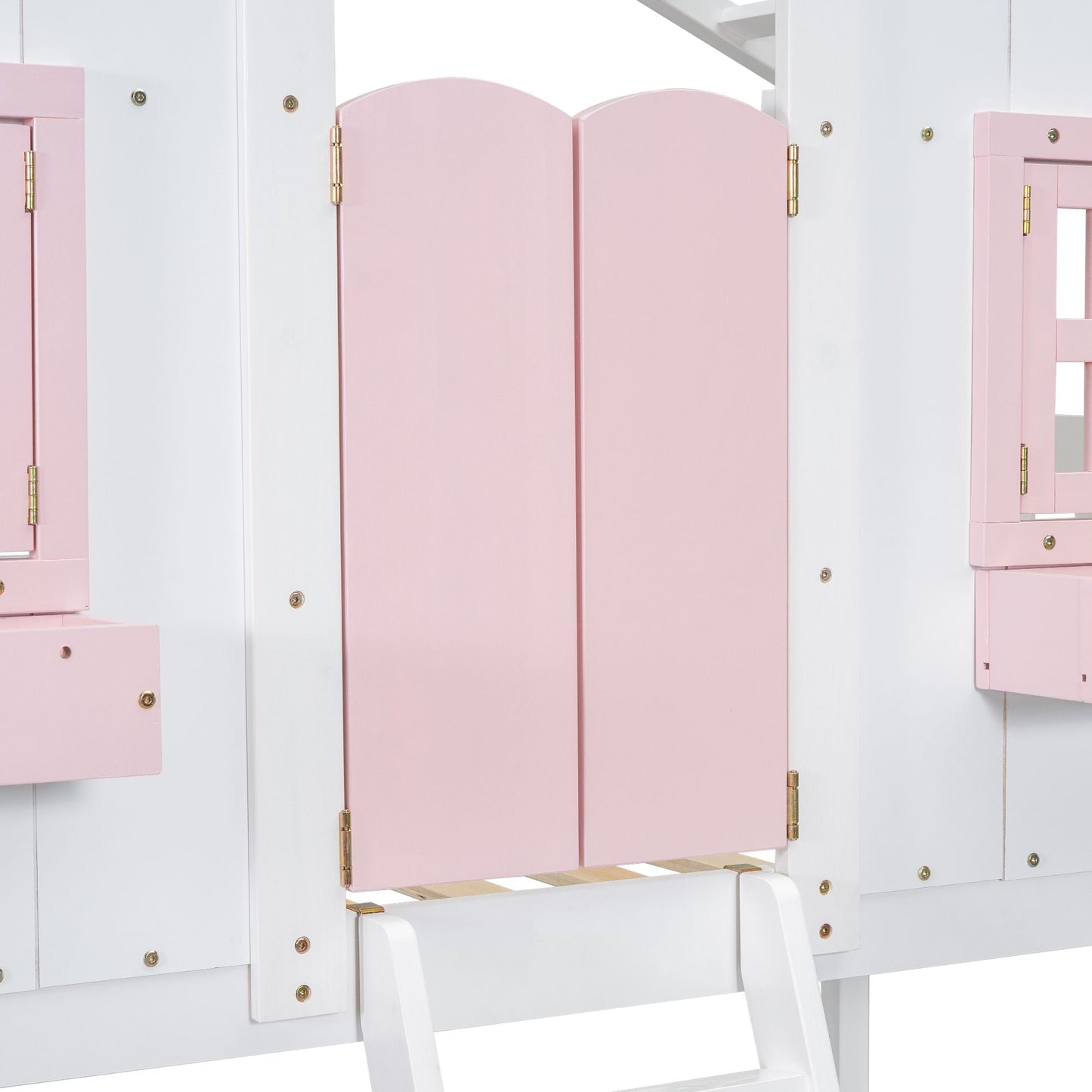 House-Style Twin Over Twin Wood Bunk Bed with Roof, Window, Door, and Ladder, Multiple Colors | Just Better Bunk Beds