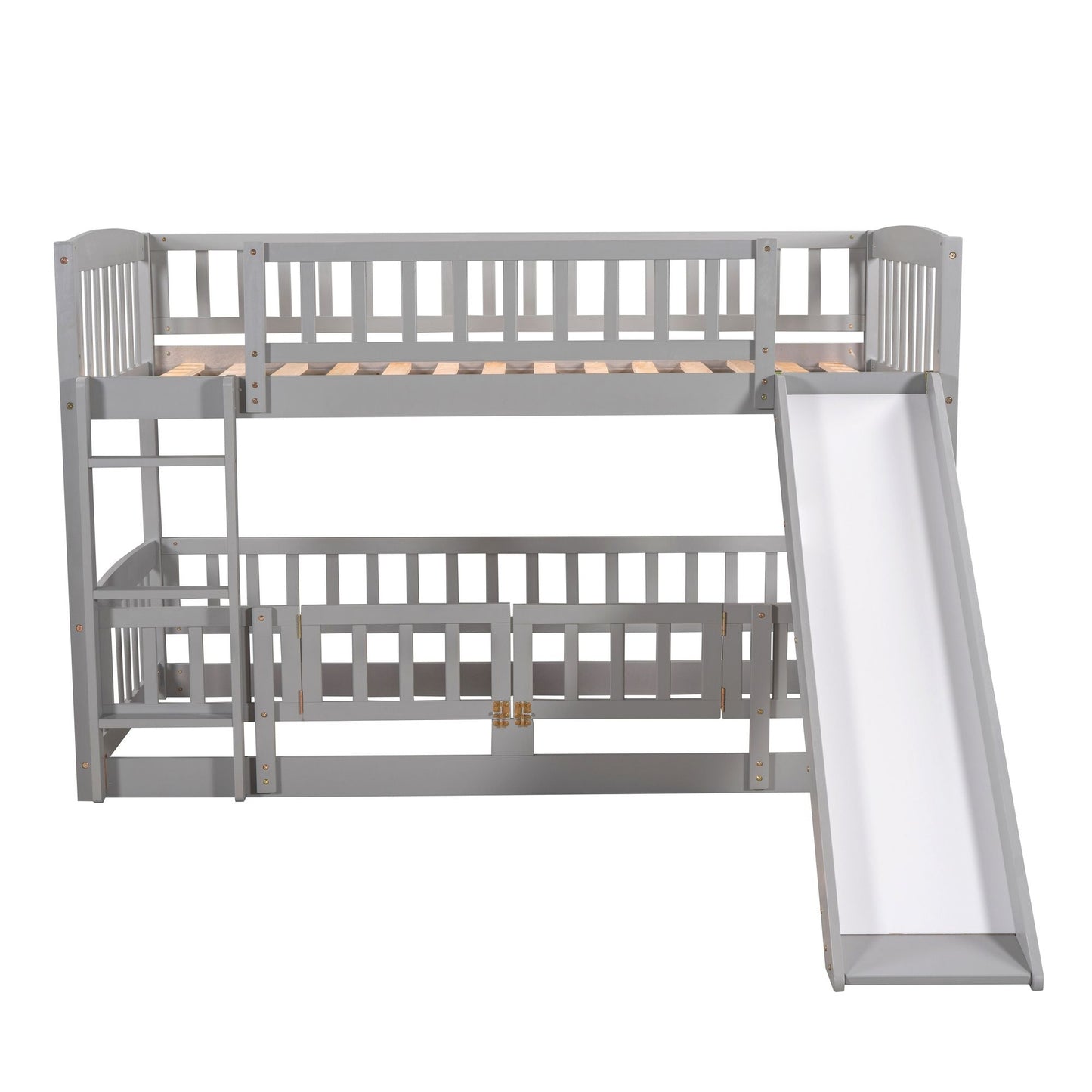 Safe Twin Over Twin Wood Low Bunk Bed with Slide, White with Fence and Ladder | Just Better Bunk Beds