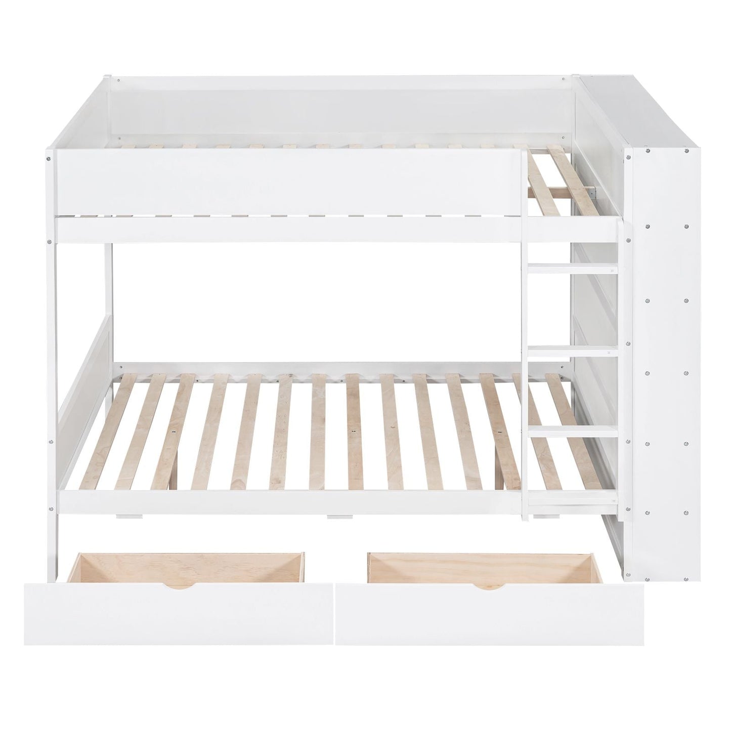 Organized Full Over Full Wood Bunk Bed with 2 Drawers and Multi-Layer Cabinet, White | Just Better Bunk Beds