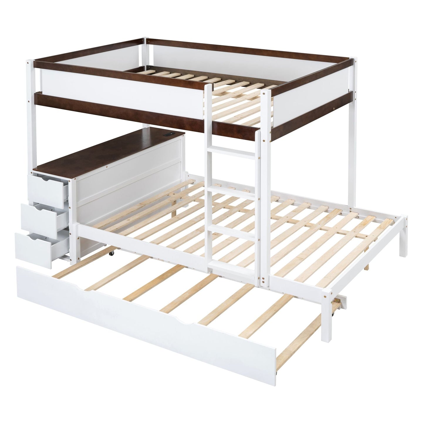 Shared Room Solution Full Over Full Wood Bunk Bed with Twin Trundle, Storage, Desk, White Walnut | Just Better Bunk Beds