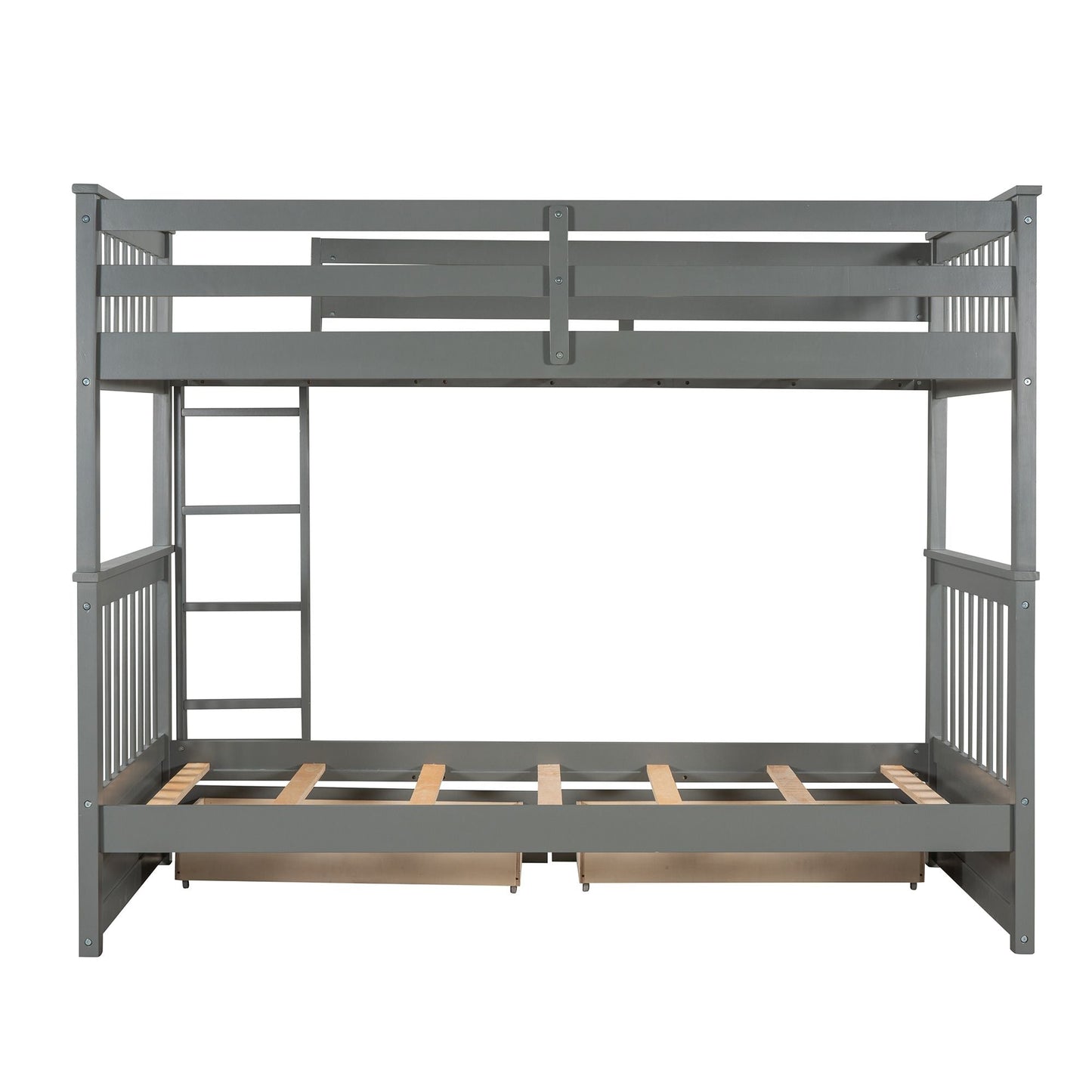 Storage-Enhanced Twin Over Twin Wood Bunk Bed with Ladders, Two Drawers, White | Just Better Bunk Beds