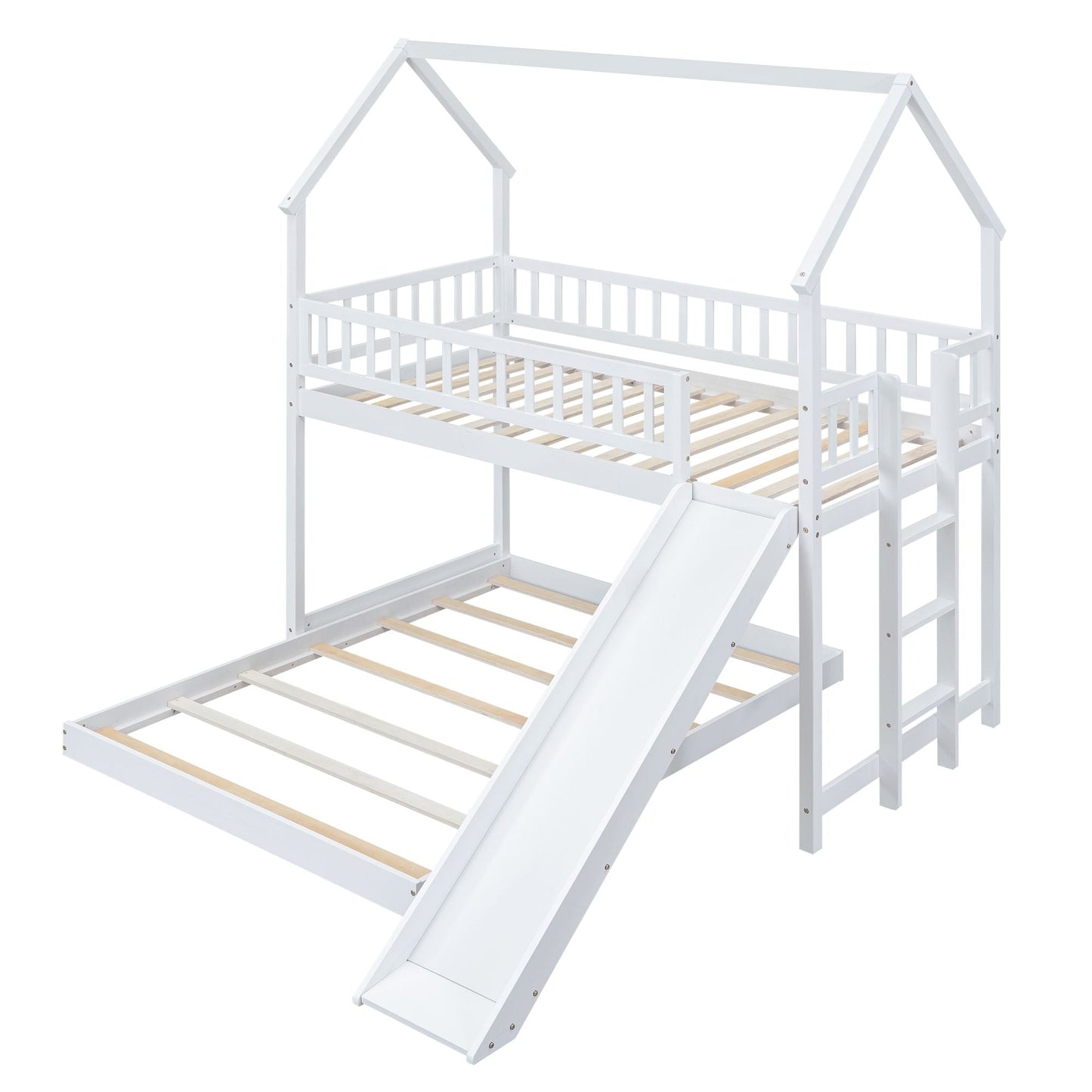 Twin over Full House Bunk Bed with Slide and Built-in Ladder,  Full-Length Guardrail