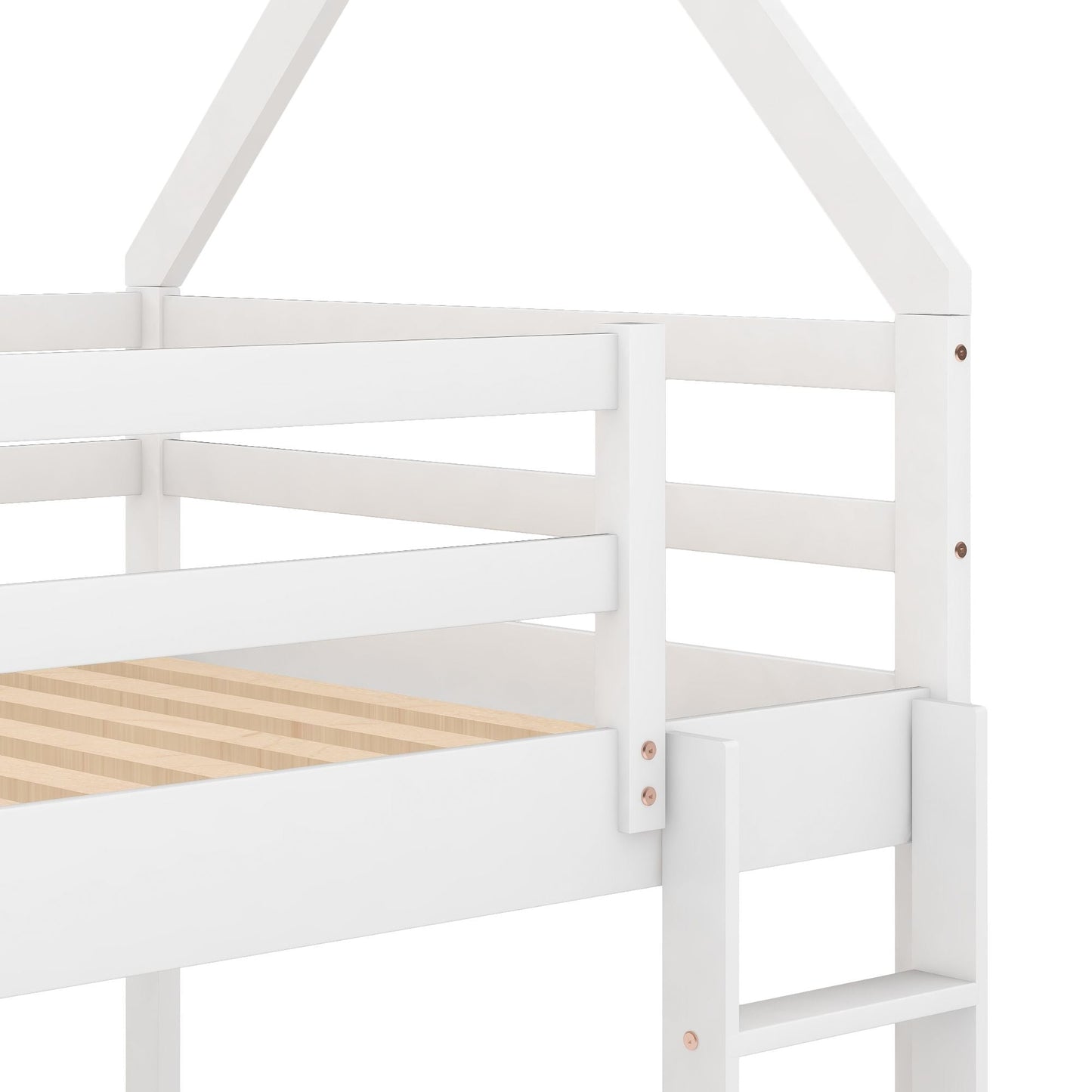 House-Style Low Twin Over Twin Wood Bunk Bed with Ladder, White | Just Better Bunk Beds