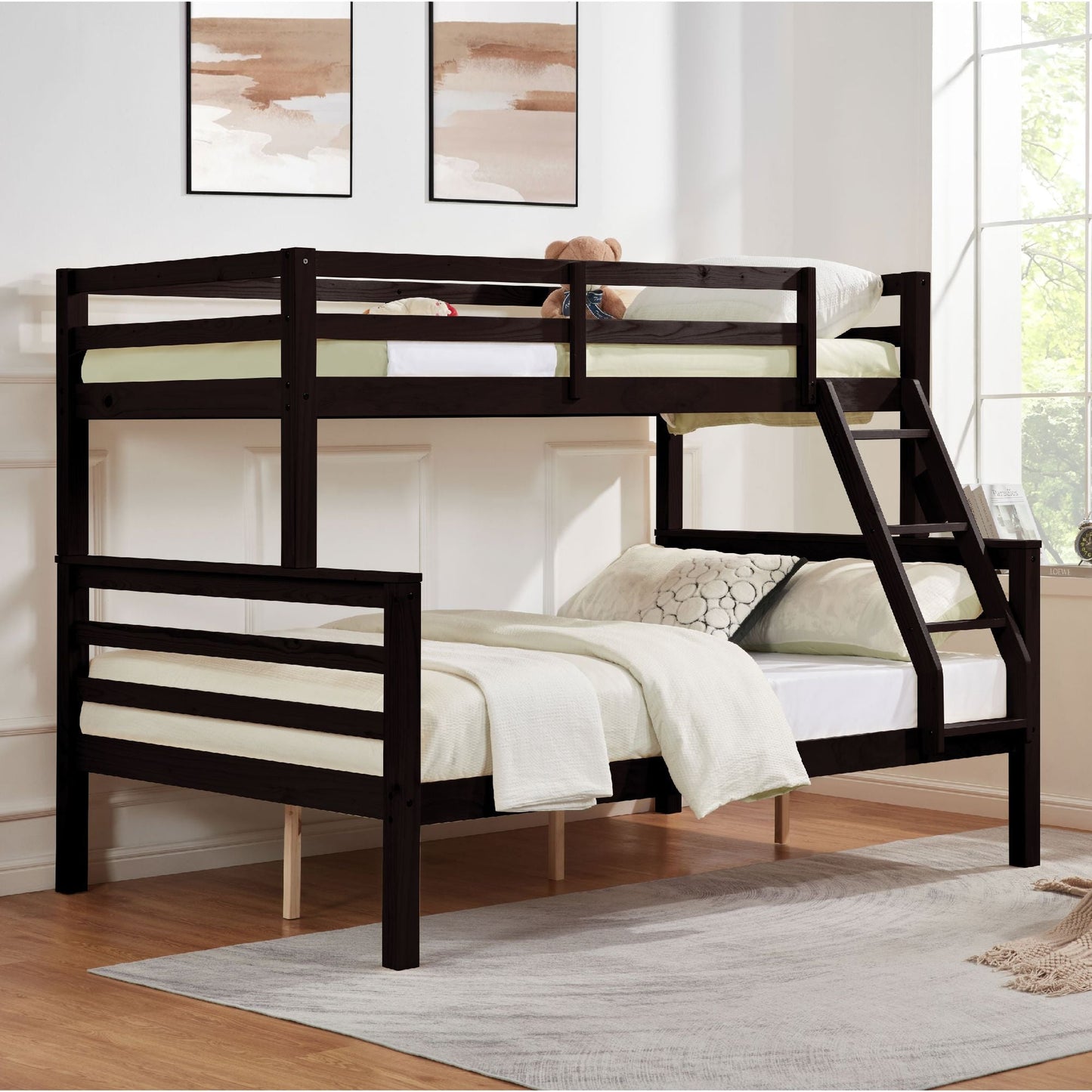 Durable Twin Over Full Wood Bunk Bed with Thick Posts, High Guardrail, Ladder, Espresso | Just Better Bunk Beds