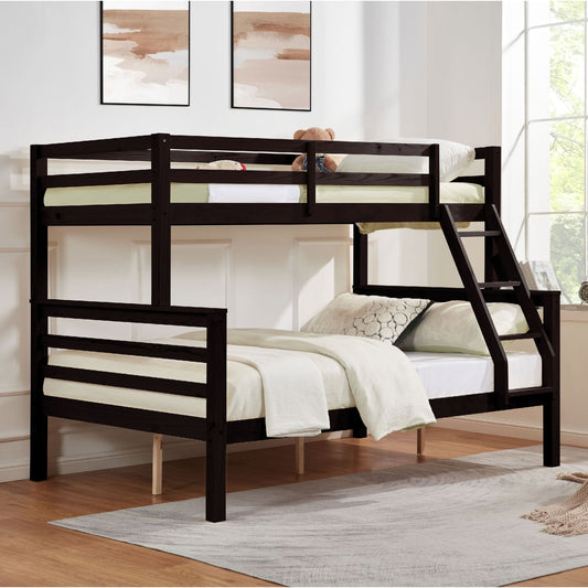 Durable Twin Over Full Wood Bunk Bed with Thick Posts, High Guardrail, Ladder, Espresso | Just Better Bunk Beds